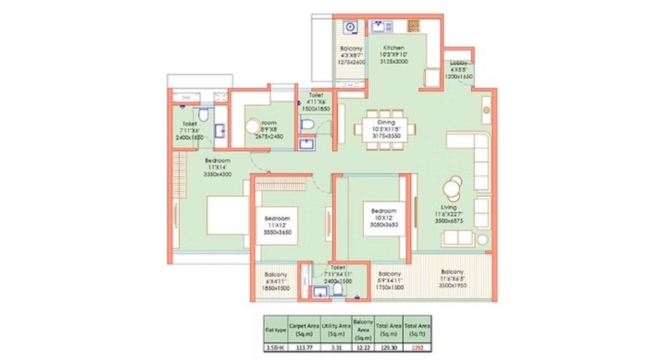 Pristine-O2-World-Floor-Plan-3 BHK-1392 Sqft